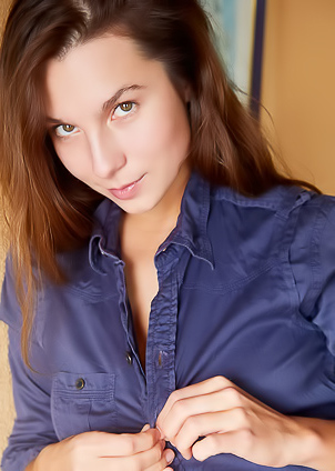 Belka Captivating Brunette Smiles Flirtatiously As Her Buttons Pop Open